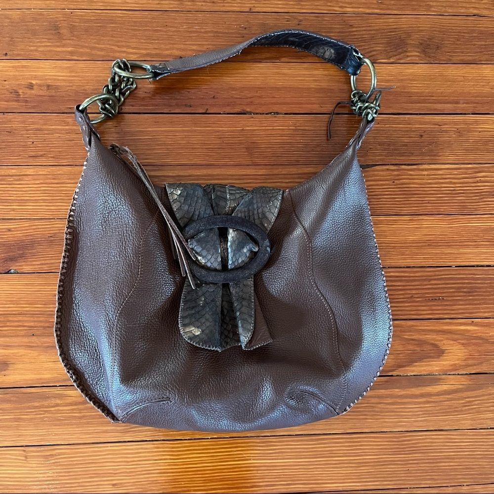 Chi Boho Brown Leather with Snake Skin Handle And Magnetic Snake Skin Closure.